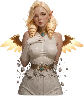 A blonde angel heroine with golden wings in a white stone dress