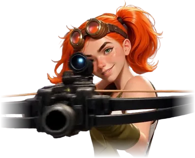 A red-haired steampunk heroine with brass goggles aiming through a scope
