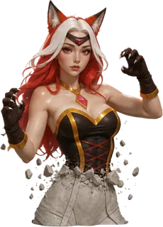 A fox-eared heroine with red and white hair and clawed gloves breaking out of stone