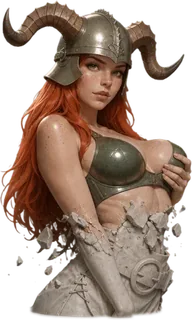 The Viking, a red-haired warrior in a horned helmet breaking out of stone