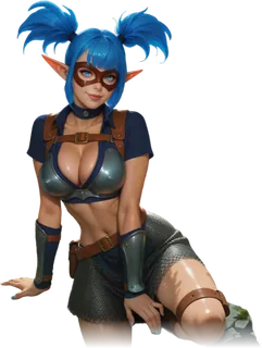 The Huntress, a masked elf with blue pigtails