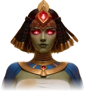 A green-skinned heroine styled as a pharaoh, with red eyes and bandages