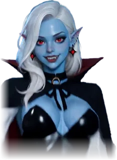 A blue-skinned vampire with white hair and a red cape