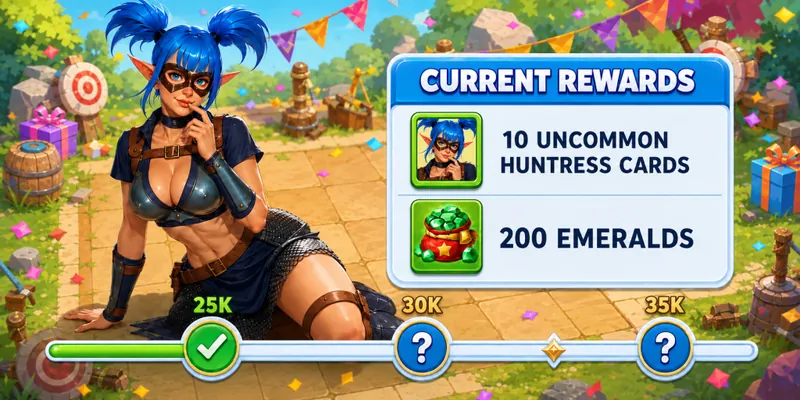Nudus 25,000-wishlist reward art: the Huntress next to a panel listing 10 Uncommon Huntress Cards and 200 Emeralds