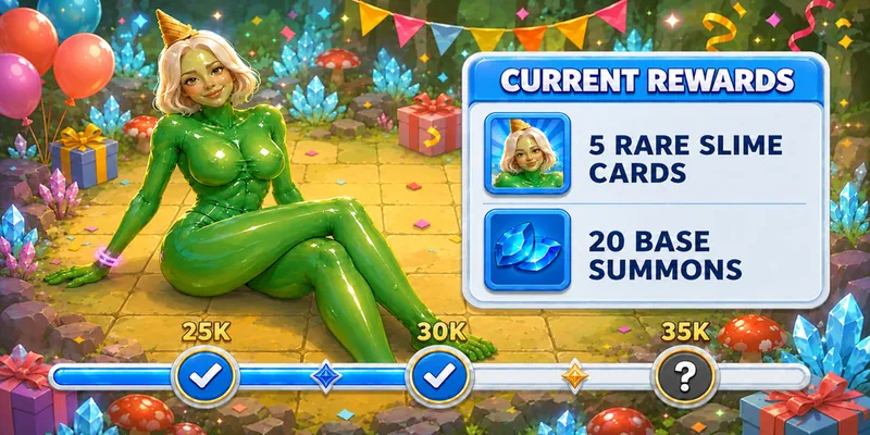 Nudus 30,000-wishlist reward art: the Slime next to a panel listing 5 Rare Slime Cards and 20 Base Summons