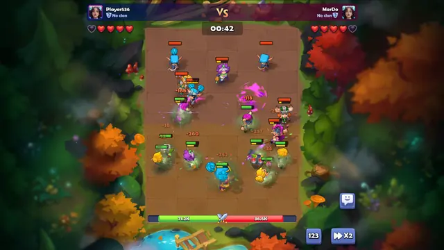 Nudus battle phase with both teams fighting under a timer and five hearts per player above the board