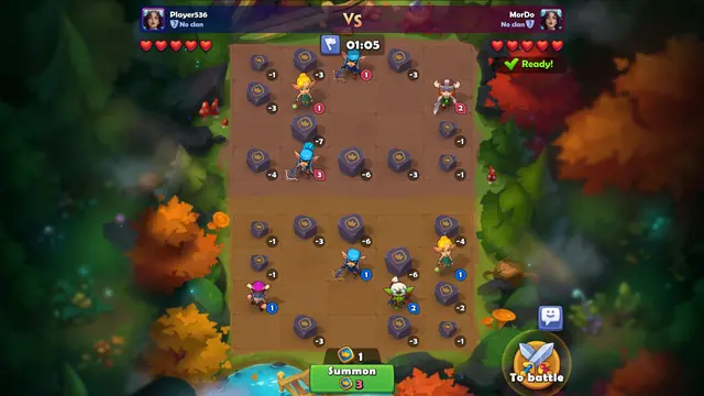 Nudus placement phase: a forest board with units, the Summon button and five hearts per player