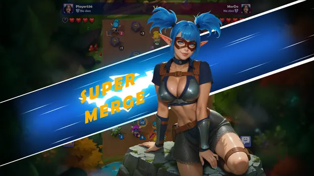 The SUPER MERGE banner across a Nudus match, with the masked Huntress in front